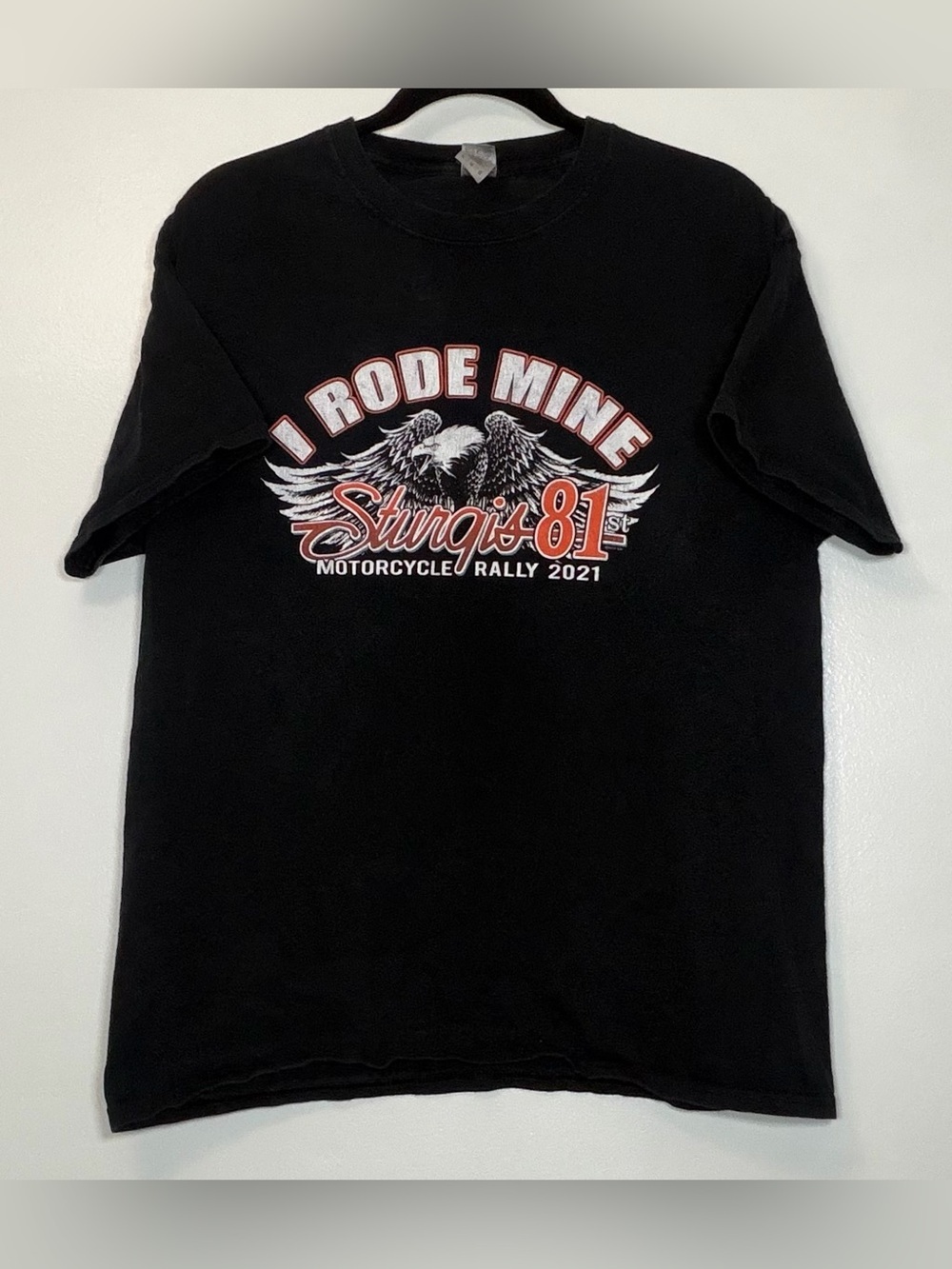 Gildan Black Harley Tee with Red and White Sturgis 81 Motorcycle Graphic